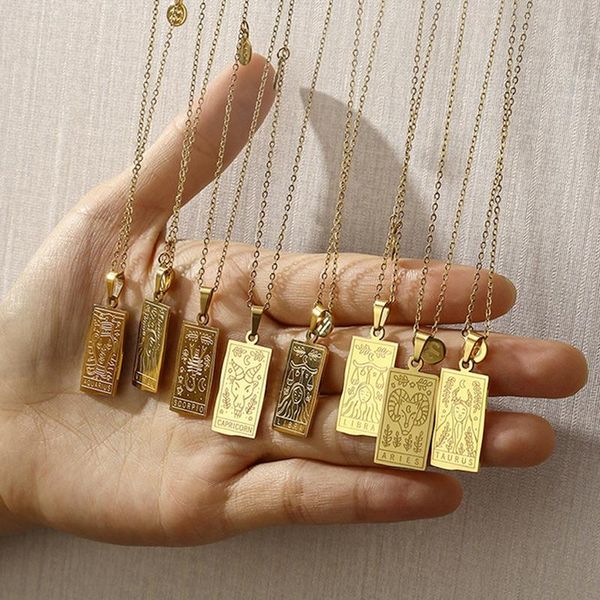 

pendant necklaces 316 stainless steel 12 constellations necklace square fashion waterproof metal 18 gold collar 2021, Silver