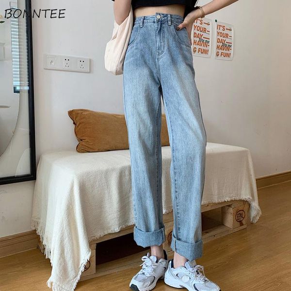 

women's jeans women full length light blue classic loose college retro summer high waist girls street straight all match stylish bf ins