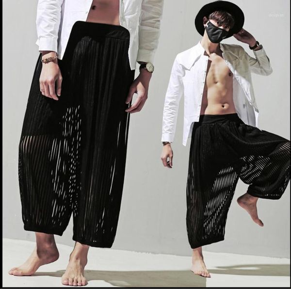 

men's pants 2021 fashion chiffon faux two piece bloomers personality ankle length trousers tide culottes singer costumes, Black