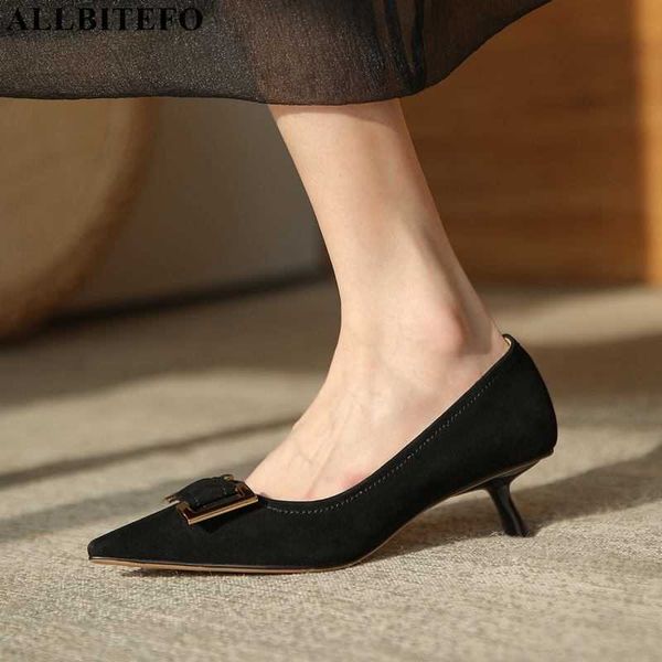 

allbitefo soft comfortable sheepskin genuine leather fashion leisure high heel shoes pointed toe women heels shoes high heels 210611, Black