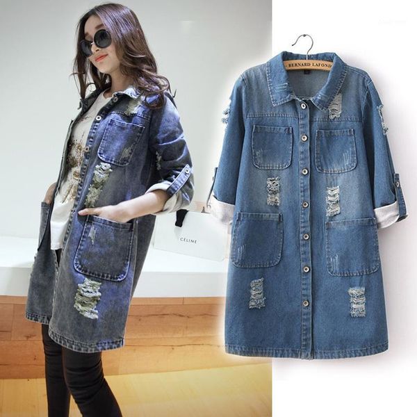 

women's jackets 2021 women ladies plus size bf ripped vintage long denim cardigan jacket jean feminina turn down collar hole 3/4 sleeve, Black;brown