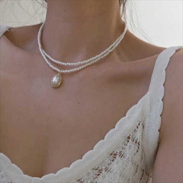 

chokers vintage baroque round pearl chain necklace 2021 geometric double pendant ladies jewelry girl gift wholesale, Golden;silver