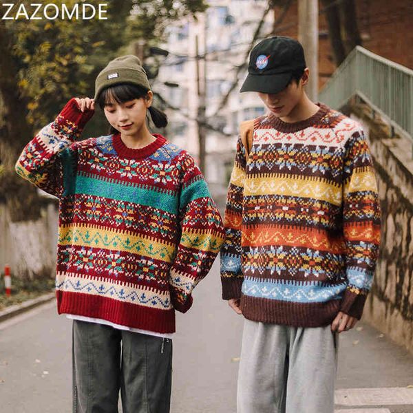 

zazomde men streetwear geometry pattern knitted 2021 fashion harajuku casual knit pullover couple sweater, Black