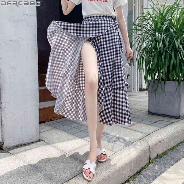 

casual dresses elegant black pink plaid skirt women high waist lace up bow long s summer ruffles jupe femme vintage tartan ladies, Black;gray