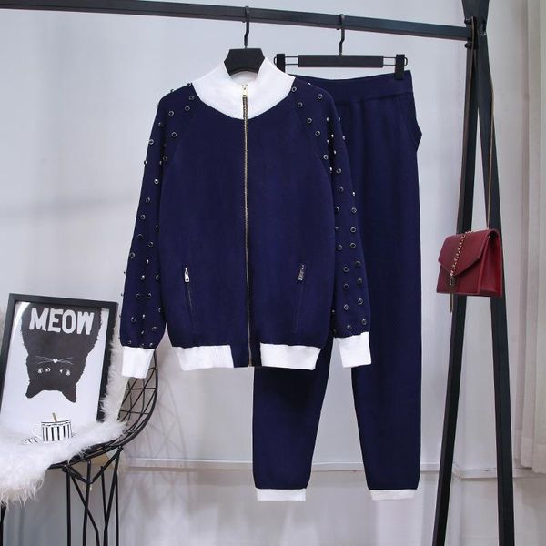 

women's two piece pants high street est 2021 autumn winter fashion sports suit beaded knit cardigan baseball jacket waist pencil casual, White