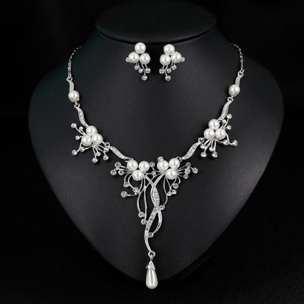 

earrings & necklace vintage simulated pearl jewelry sets for women wedding bridal crystal gold color african set, Silver