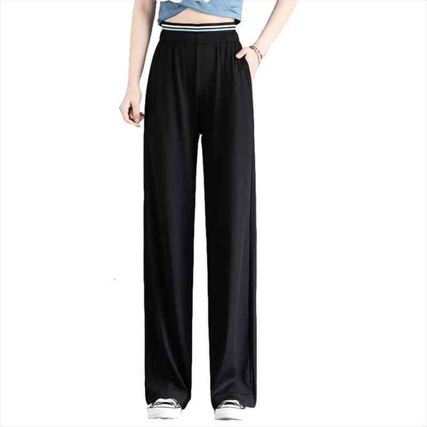 

summer casial comfortable long women capris thin trousers solid color pocket high waist elastic wide leg palazzo pants, Black;white