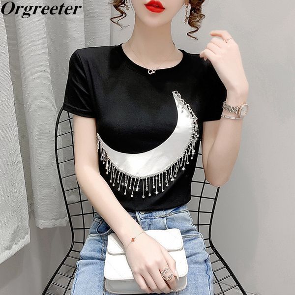 

simple solid color o-neck short-sleeved t-shirt summer diamond tassel moon print black/white women's 210525