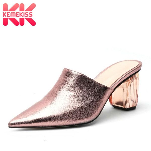 

sandals kemekiss plus size 34-45 pointed toe women shoes square heel slippers party soft leather ladies footwear, Black