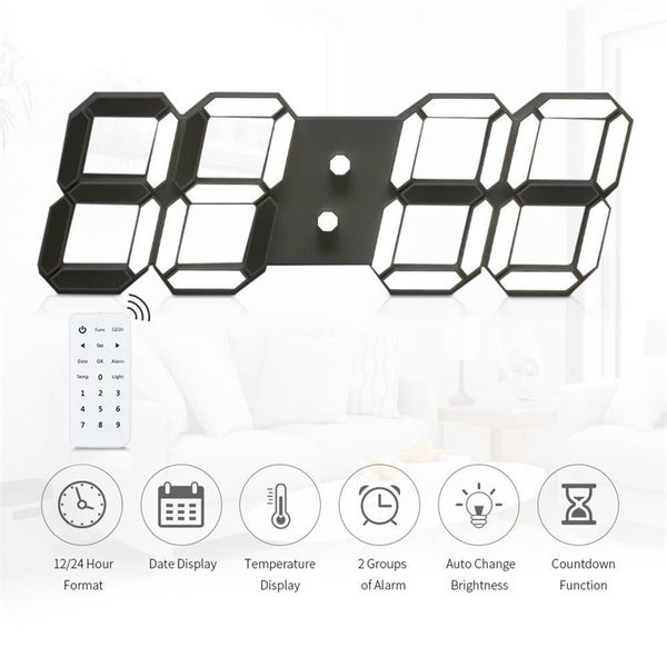 LED 3d relógio de parede digital com controle remoto grande moderno relógio de parede de alarme de alarme para casa sala de estar preto shell plug 210401