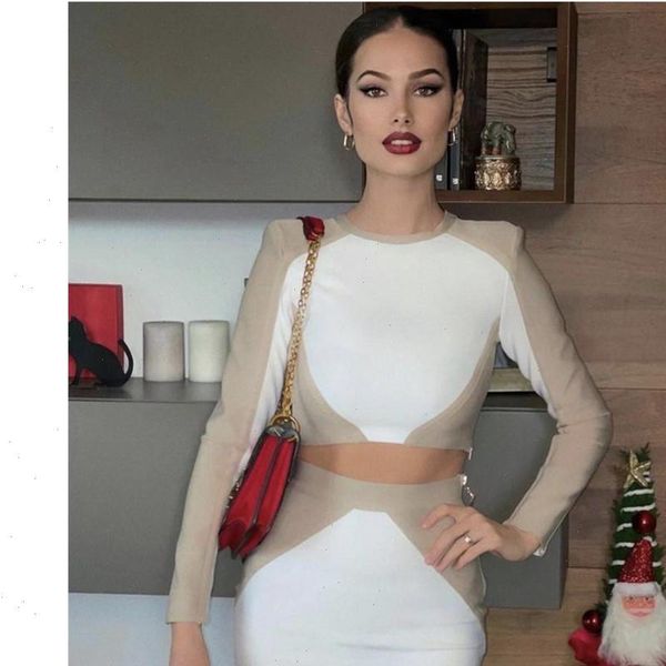 

winter style patchwork womens tracksuits long sleeve two pieces white bandage set celebrity designer fashion party, Gray