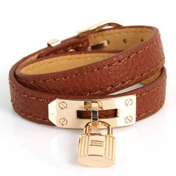

bangle fashion alloy geometric leather double ring metal pendant lock belt buckle bracelet bbracelet men's and women's jewelry, Black