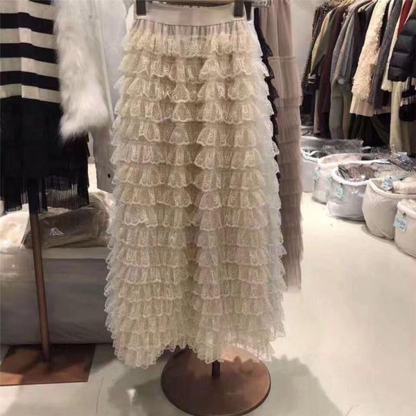 

women skirt spring autumn a-line high waist cake lace pleated party elegant long black mujer faldas 2021 skirts