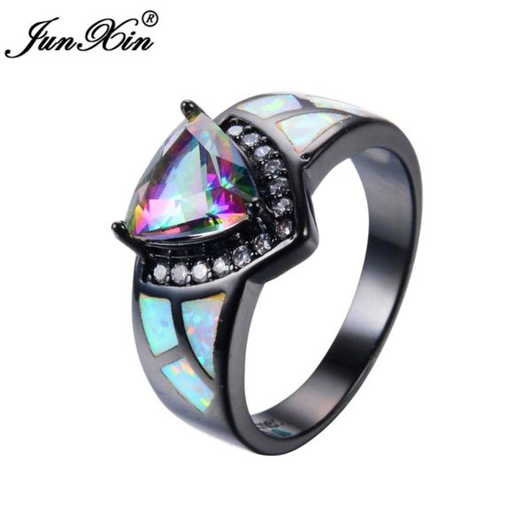 

wedding rings junxin bohemian female girl rainbow ring trangle design white fire opal black gold filled vintage for women, Slivery;golden
