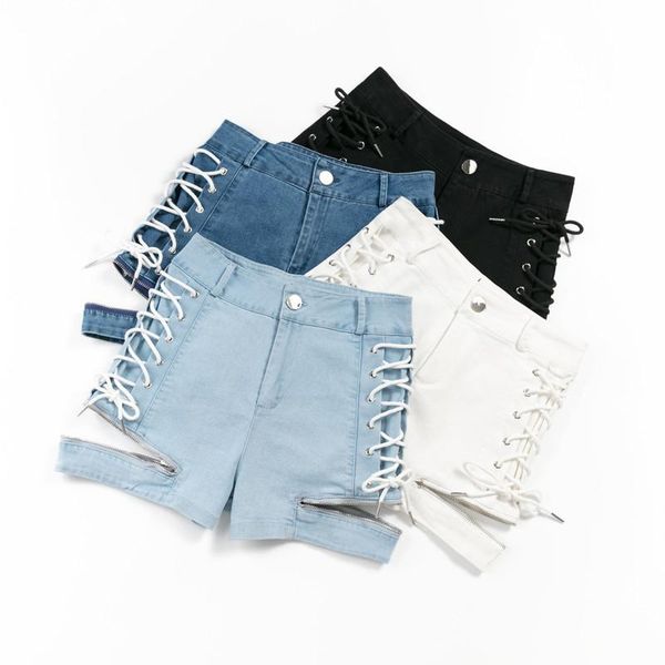 

women's jeans zoki high waist women denim shorts summer cross bandage zipper female elastic cotton a line korean short jean 2021, Blue