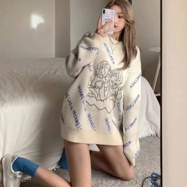

women's sweaters oversized streetwear angel pattern sweater lazy pullover korean version round neck fashion women 2021 spring, White;black