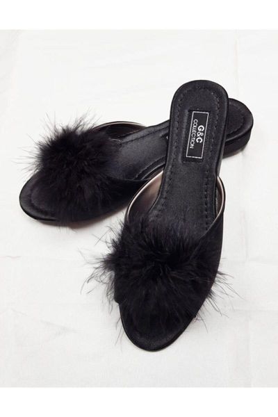 

slippers women's black without heels furry 180