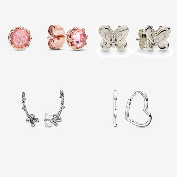 

stud 2021 style 925 sterling silver delicate butterfly four petal flower crown asymmetric heart earrings for ladies as gifts, Golden;silver