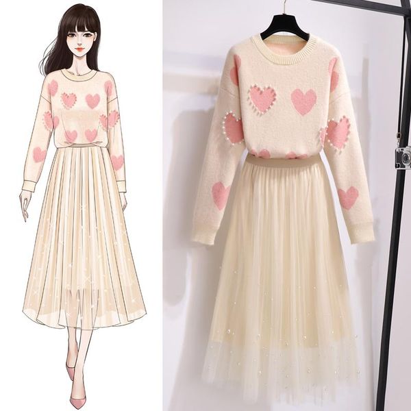 

women's tracksuits winter 2021 sweet languid love nail bead sweater fairy pearl net veil two-piece outfit women pullover pleated skirt, Gray