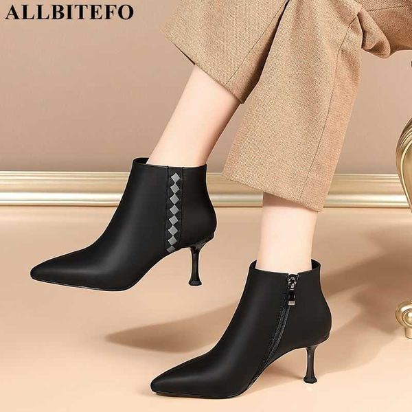 

allbitefo arrive genuine leather thin heels ankle boots for women high heels office ladies shoes autumn women heels 210611, Black