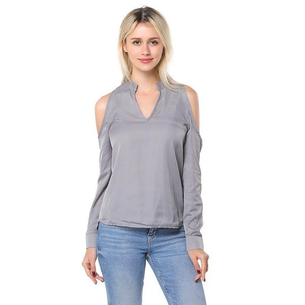 

women's blouses & shirts women spring summer shirt missing shoulder long sleeve v-neck irregular stand collar loose ladies fashion clo, White