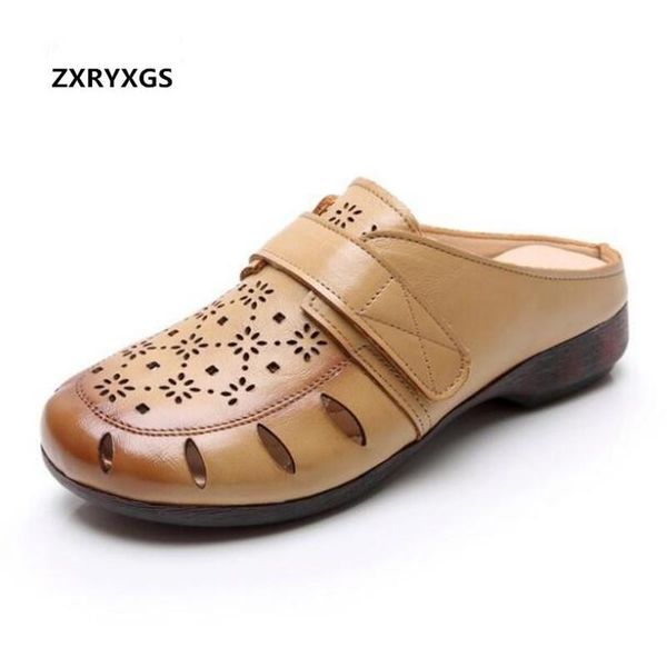 

first layer of cowhide hollow summer leather slippers women sandals 2021 soft comfort shoes casual, Black