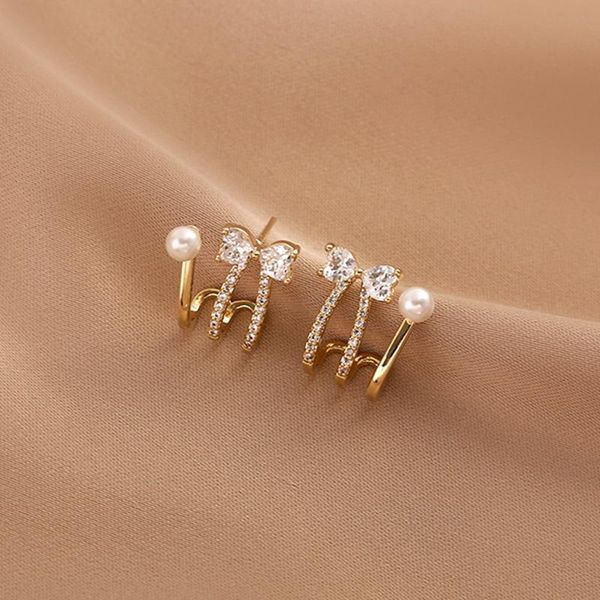

stud korean fashion bowknot pearl earrings for women temperament jewelry zircon s925 needle weddings party fine gift, Golden;silver
