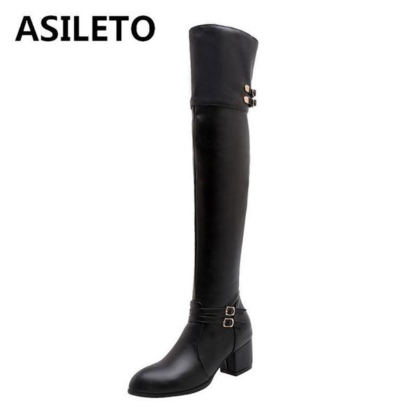 

boots asileto woman over knee round toe square block heel faux leather short plush buckle decoration zipper big size 32-48 black