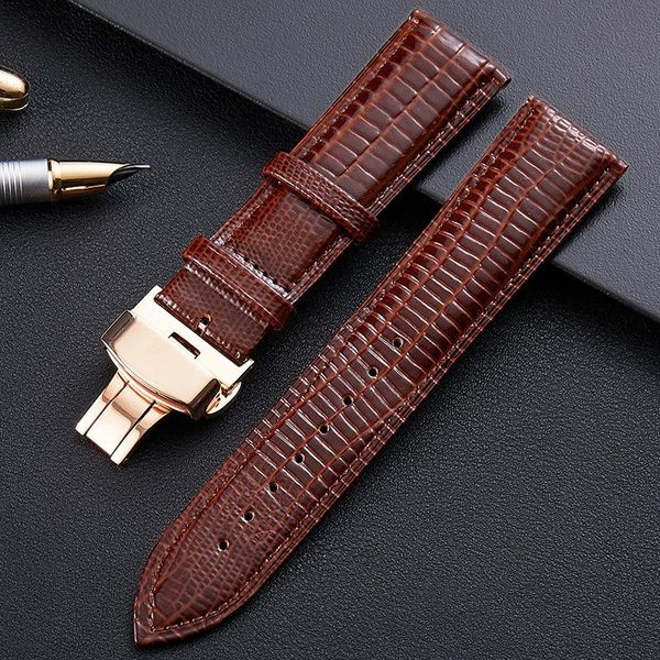 

watch bands universal leather watchband gold butterfly buckle lizard pattern genuine band 14mm 16mm 18mm 20mm 22mm 24mm, Black;brown