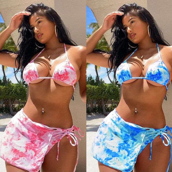 

women's swimwear 3 pcs set women beach outwear holiday bath push up matching fitness 2021 summer tie dye printed swimsuit, White;black