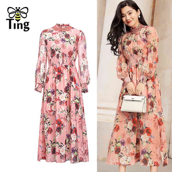 

designer vintage floral chiffon print midi long dress luxury beading high waist summer vestidos plus size 210513, Black;gray