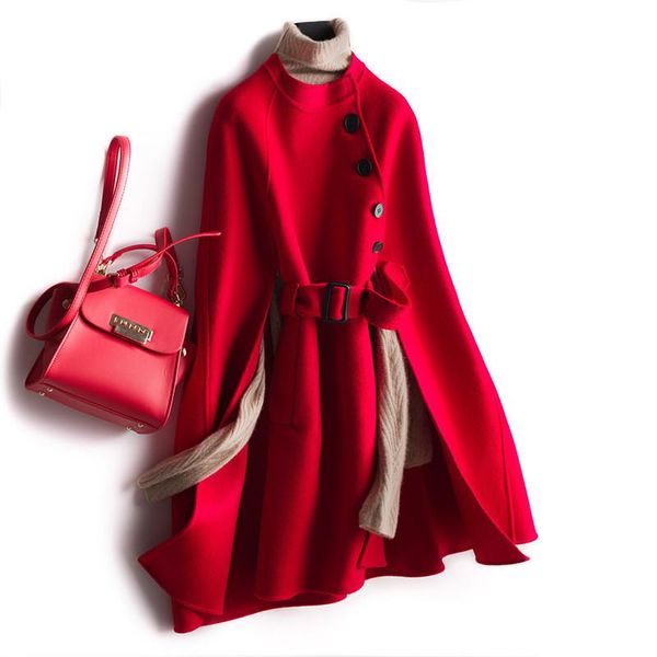 

women's wool & blends 2021 european and american clothing autumn winter belt loose medium long double-sided coat cloak, Black