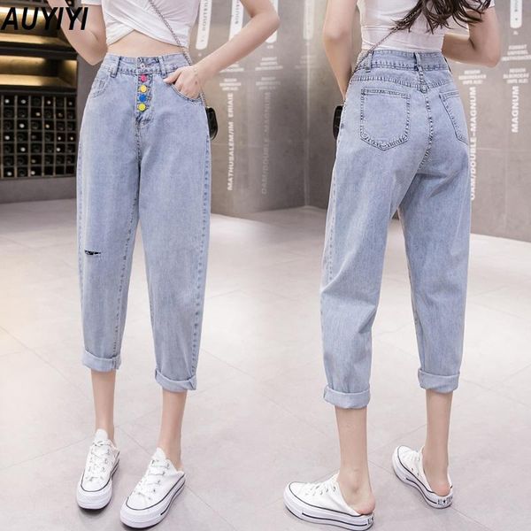 

women's jeans auyiyi 2021 high waist colorful button women summer casual loose wild straight harem cropped trousers, Blue