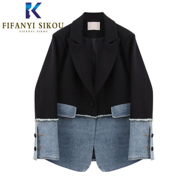 

black denim splice blazers coat women single button suit lady streetwear loose stylish blazer jacket outerwear women's suits &, White;black