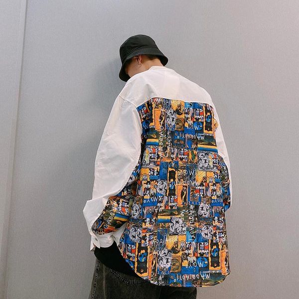 

men's casual shirts high street loose graffiti mixed color black white shirt c11, White;black