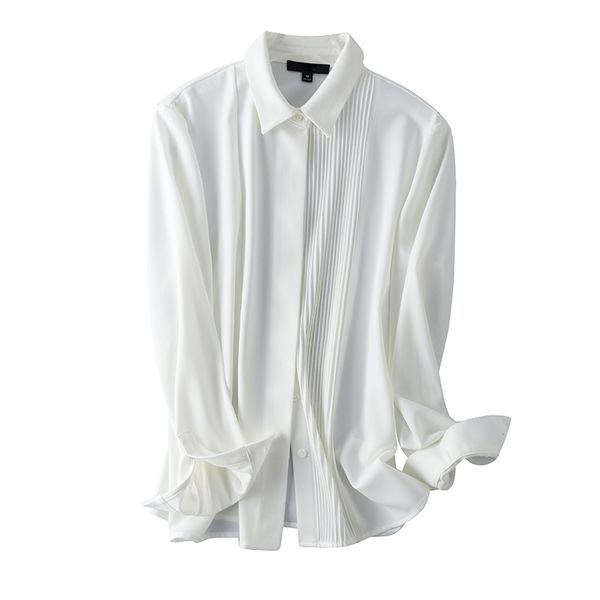 

[ewq] spring women office lady blouse single breasted turn-down collar long-sleeved minimalist chiffon pleated shirt 8y153 210423, White