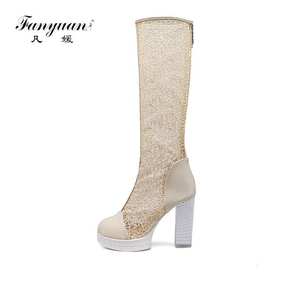 

fanyuan gladiator sandals women lace transparent summer long boots breathable mesh high heels platform female black
