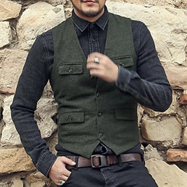

men's vests suit vest army green black woolen tweed multi-pockets slim fit casual formal groomman clothing for wedding man, Black;white