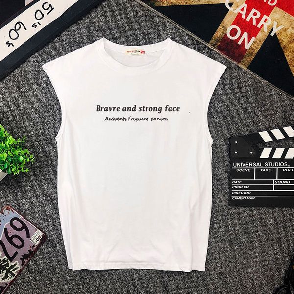 

men' tank waistcoat men' sleeveless t-shirt sports fitness fashion brand trend loose wide shoulder over jacket summer white per, White;black