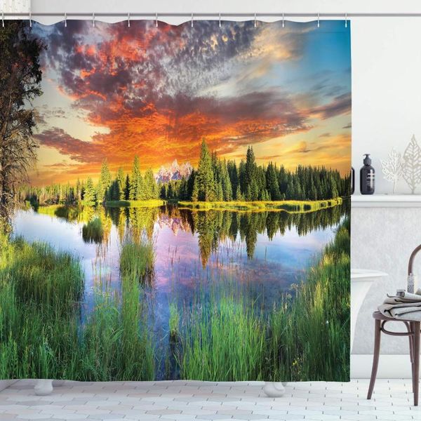 

shower curtains landscape curtain, calm natural sunrise by river forest trees clouds sun reflection on water, cloth fabric bathroom