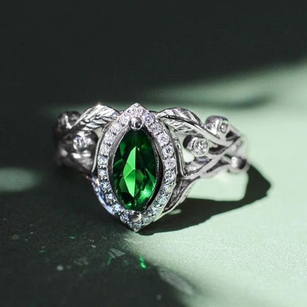 

wedding rings green zircon dainty bride engagement ring vintage female crystal leaf thin charm silver color for women gifts, Slivery;golden