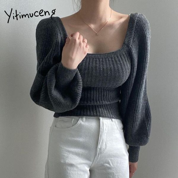 

women's t-shirt yitimuceng knitwear tshirts for women square collar yellow tees 2021 spring korean fashion streetwear long sleeve, White