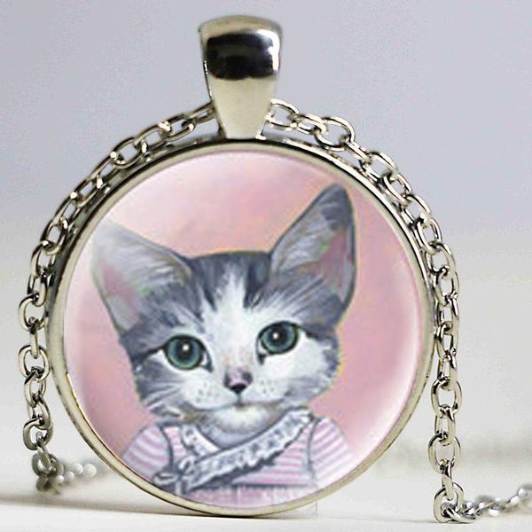 

statement necklace glass cabochon antique choker dome jewelry cat pattern pendant for women necklaces, Silver