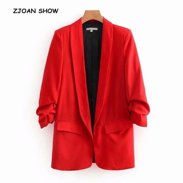 

chic candy solid color ruched cuff mid long blazer with lining woman shawl collar slim fit suit casual jacket coat outerwear 210330, White;black