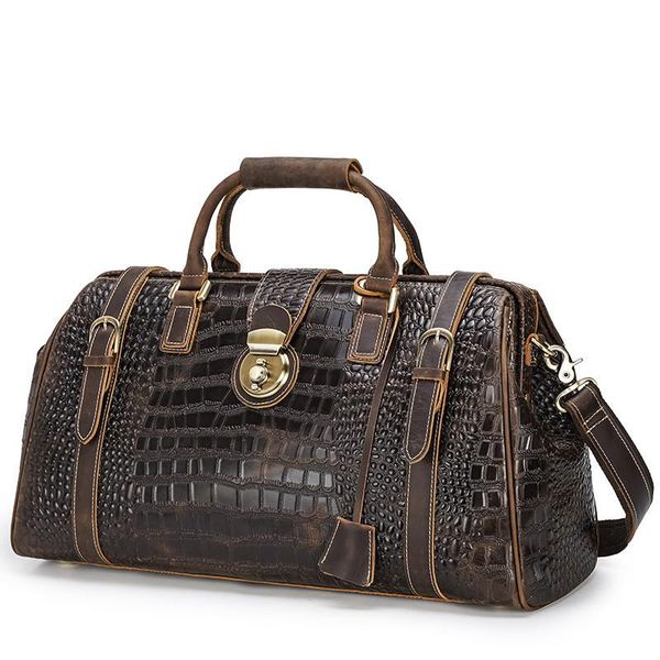 

crocodile pattern leather men travel bag large capacity lock shoulder messenger crazy horse handbag tote bags male duffel