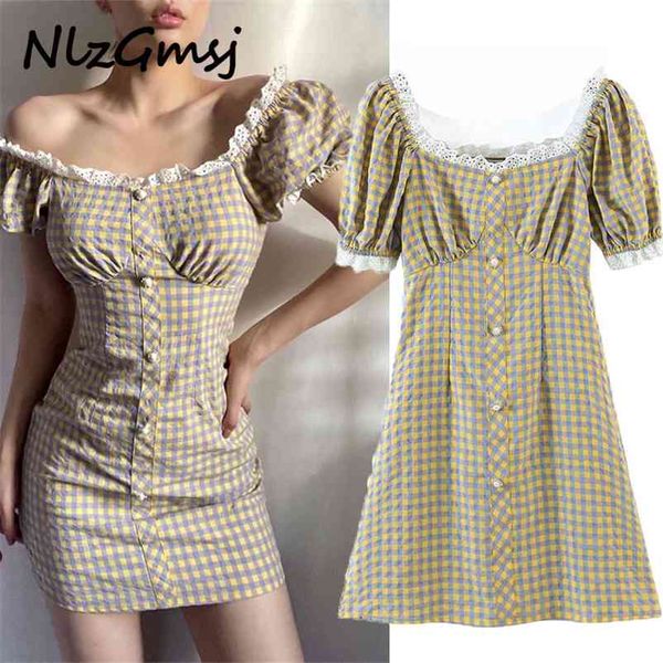 

dres fashion vintage plaid short sleeve pearl buttons ladies mini vestidos 210628, Black;gray