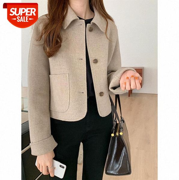 

tg double-faced cashmere coat women korean style buttoned lapel short woolen 12916 #sh21, Black;gray