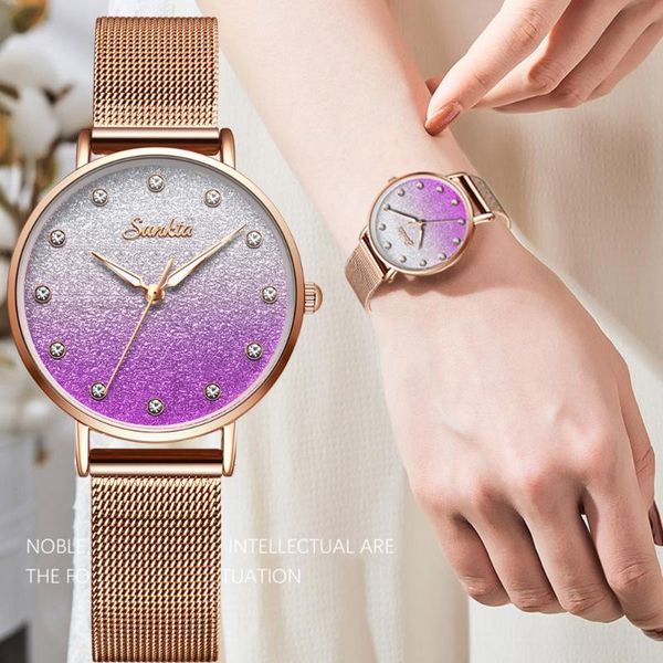 

wristwatches sunkta women watch 2021 rose gold bracelet for ladies wrist montre femme relogio feminino, Slivery;brown