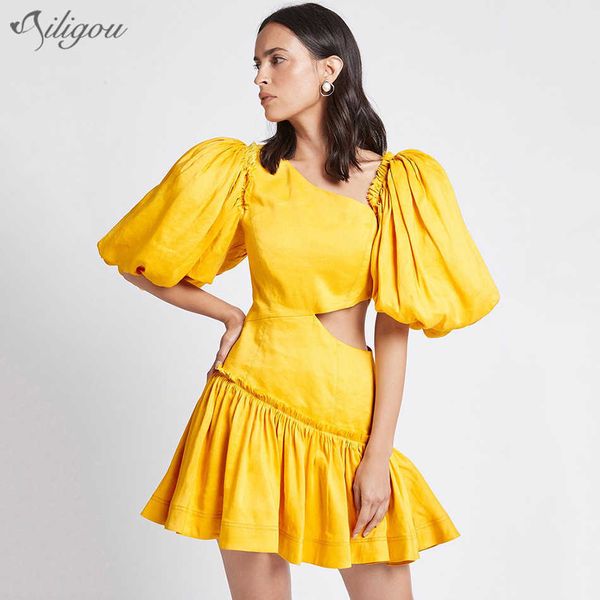 

hollow puff sleeve ruffled mini dress female asymmetric high waist ladies summer party vestidos 210527, Black;gray