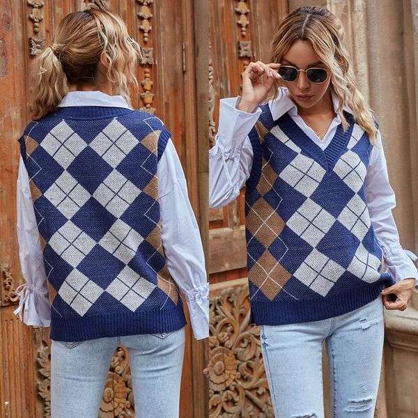 

Women's Vests Autumn Knitted Sleeveless V-neck Plaid Sweater Vest Blue Slim Pullover Winter Clothes Women 9002, Black;white